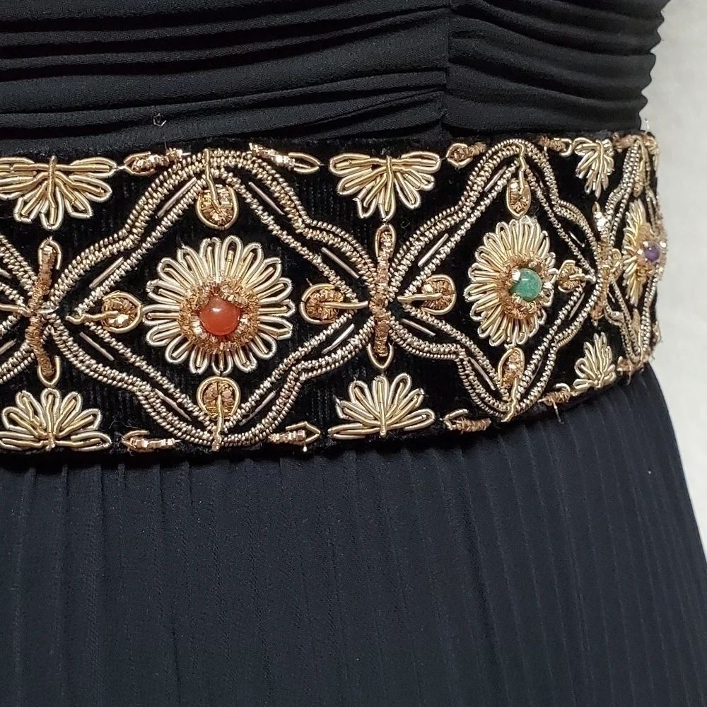 Vintage 80s Silk Gold Silver Metal Filigree Embroidered Tassle Tie-Waist Belt